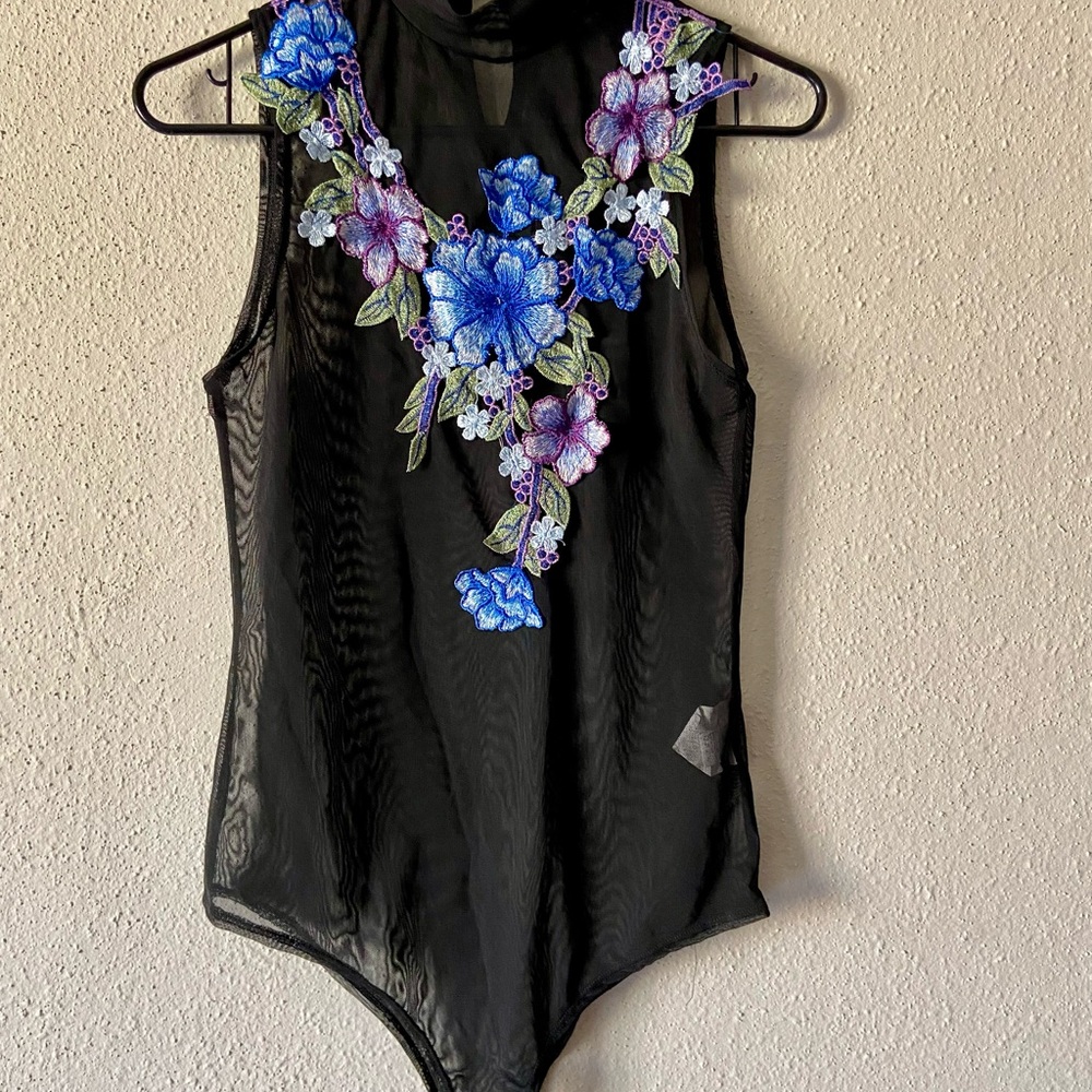 Black Sheer Bodysuit with Blue Floral Embroidery (Pre loved)